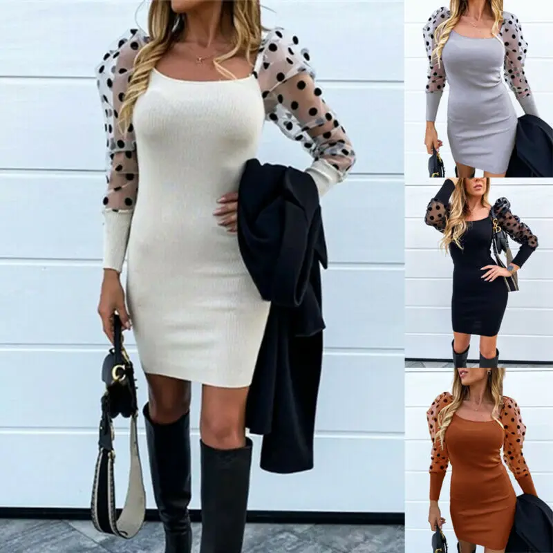 

Женское Сетчатое мини-платье с пышными длинными рукавами, Женские Повседневные Вечерние Сексуальные облегающие платья