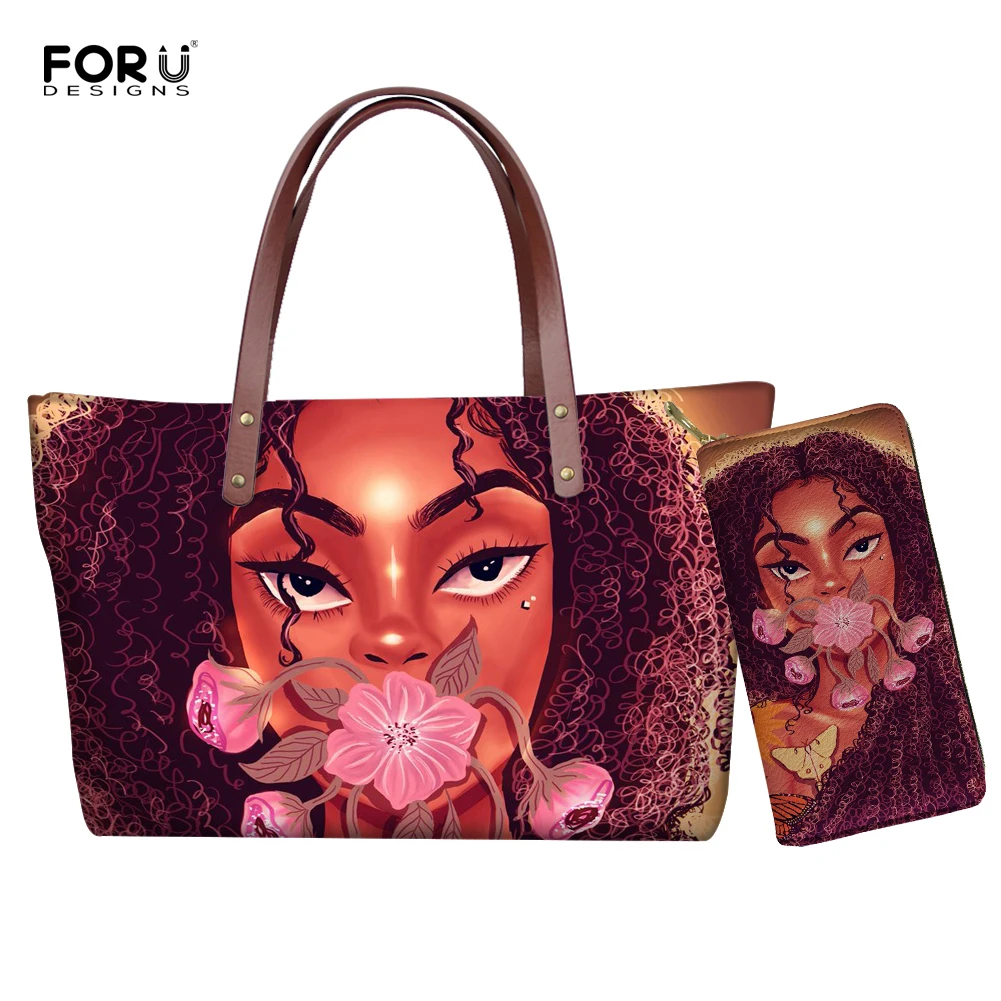 

FORUDESIGNS 2pcs/set Women Tote Bags Casual Large Capacity Art Queen African Girls Handbag and Purse Fashion Top-handle Bags