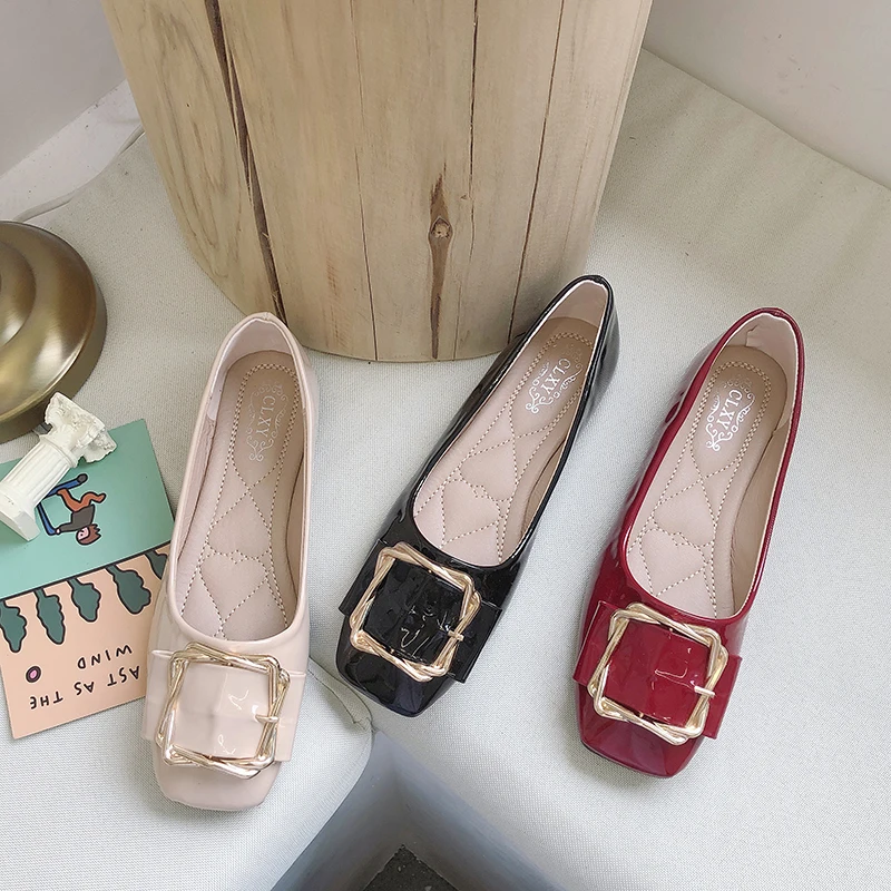 

Ladies Flats Female Shallow Ballet Flats Women Shoes Woman Flats Soft Bottom Patent Leather Metal Buckle Square Toe Casual Shoes