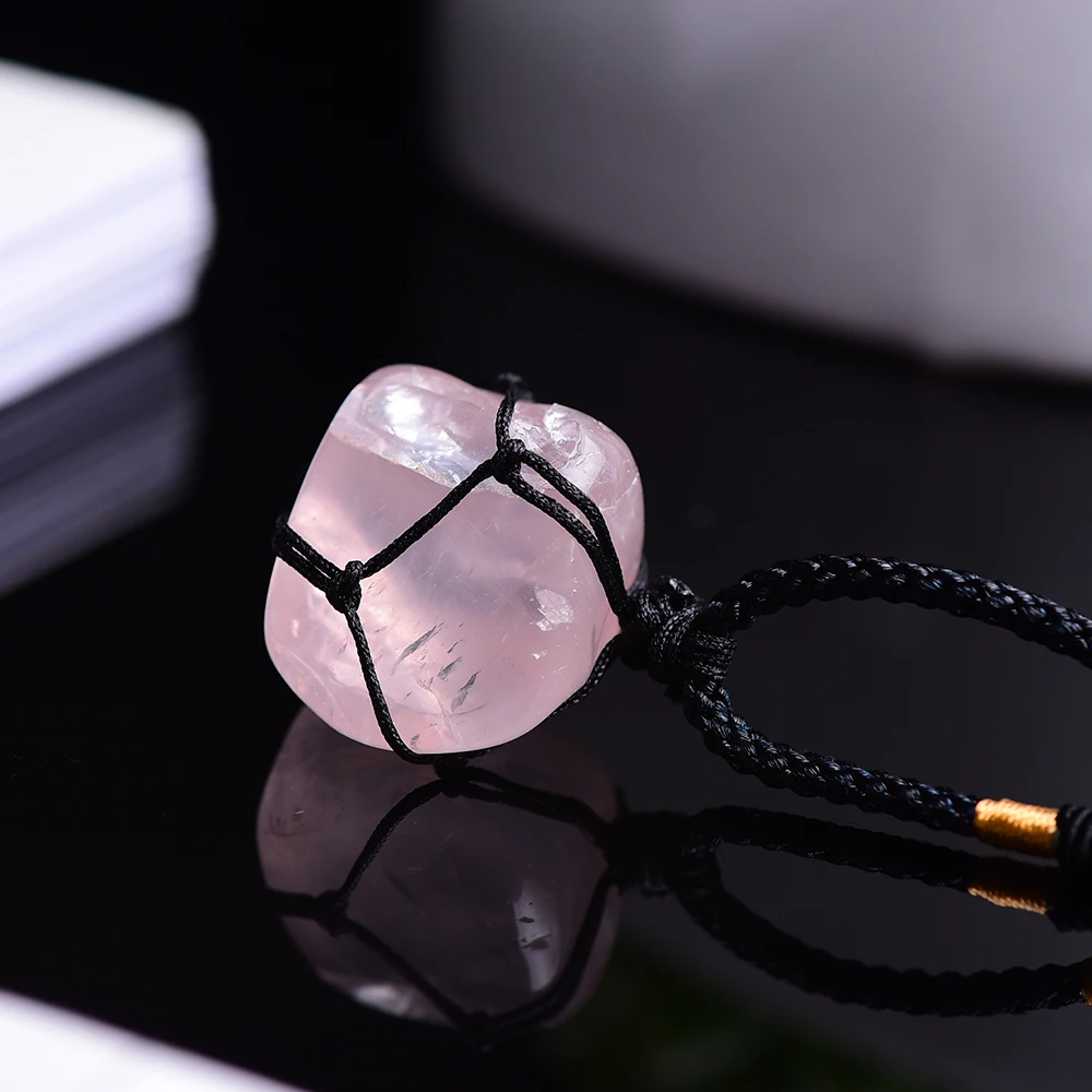 Оптовая продажа ручная плетеная сетка карманные подвески из розового кварца для