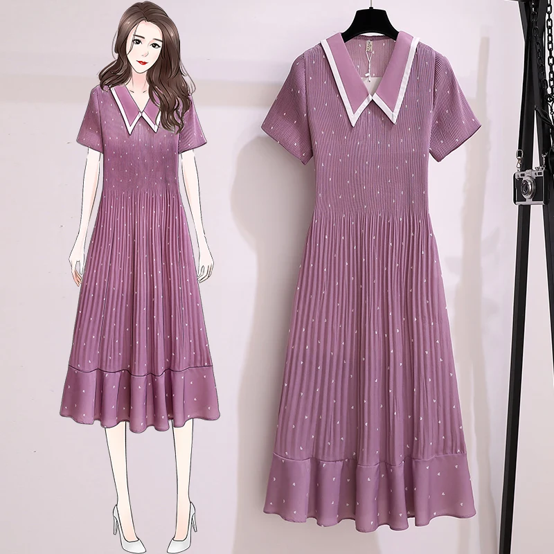 

4XL Plus Size Women Elegant Pleated Long Dress Summer 2021 Peter Pan Collar Short Sleeve Heart Polka Dot Print Ruffle Dresses