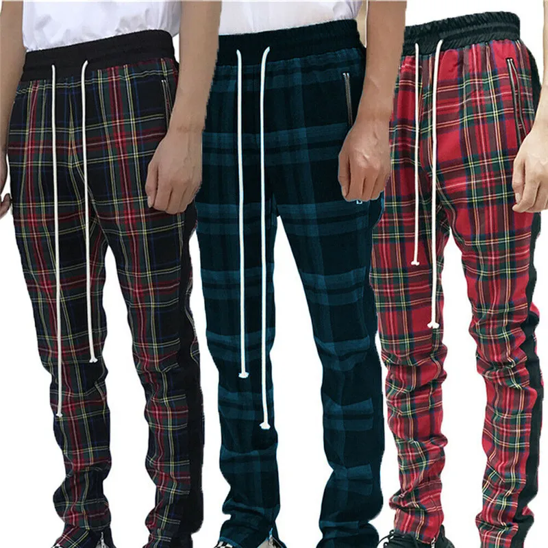 Mens Casual Pants Scotland Plaid Long Trousers Side Zipper Tracksuit Fitness Elastic Cotton Workout Male Modis | Мужская одежда