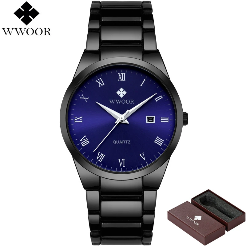 Black Blue Бренд WWOOR роскошные золотые мужские часы водонепроницаемые из нержавеющей стали спортивные мужские кварцевые наручные часы деловые мужские часы Relogio Masculino - Цвет: Black Blue