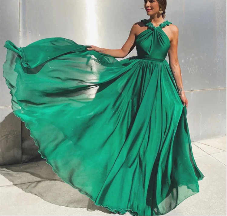 

2022 New Women Summer Boho Maxi Dress Sexy Green Chiffon Off Shoulder Backless 3D Floral Beading Long Holiday Beach Dress