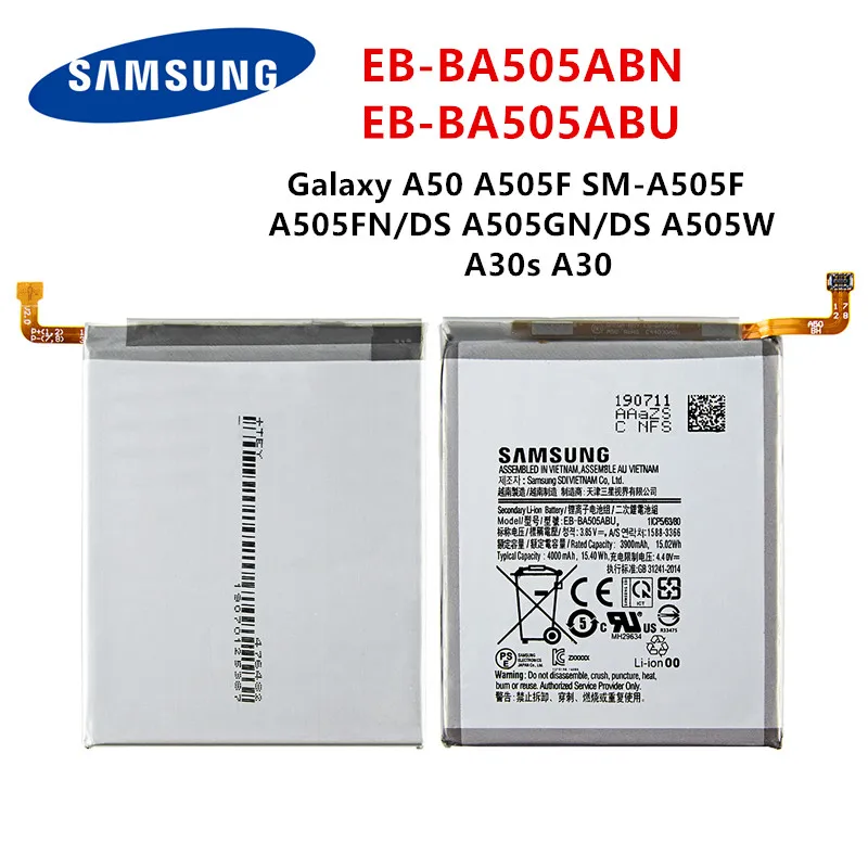 Оригинальная планшетория SAMSUNG аккумулятор 4000 мАч для Galaxy A50 A505F EB-BA505ABN A505FN/DS A505GN/DS