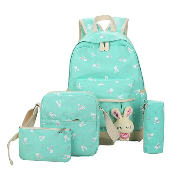 

3 Pcs Korea Style Fashion Design Rabbit Chain Girls School Bags Set Canvas Backpack Printing Book Bags