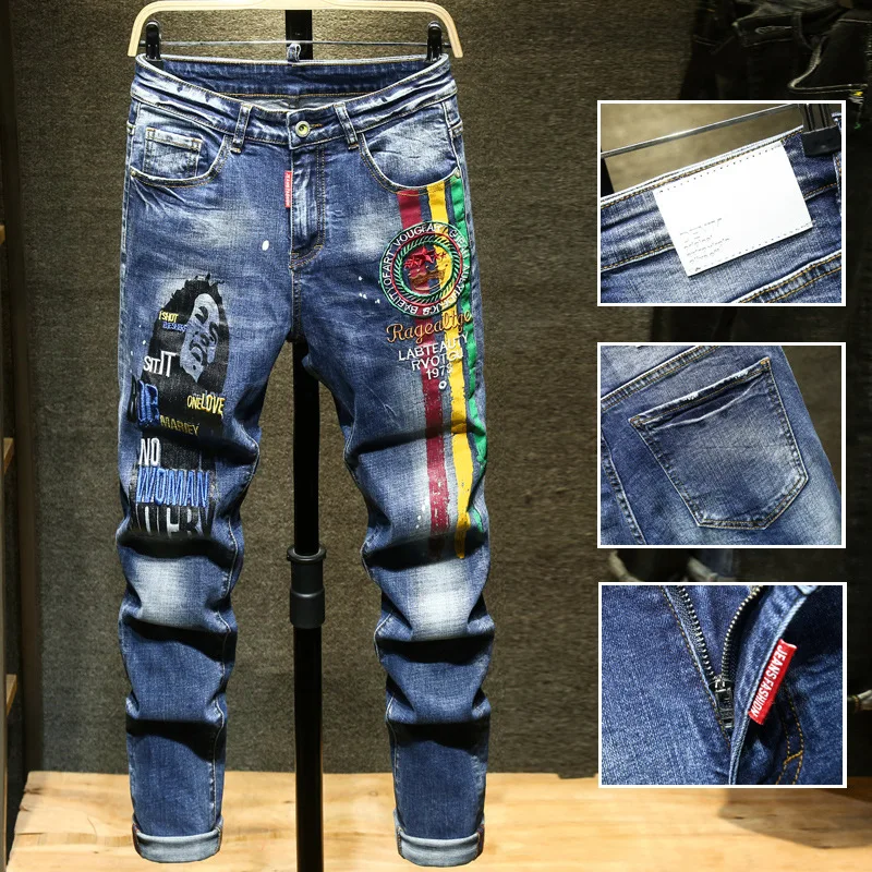 Men's Embroidered Printed Jeans Ripped Fashion Denim Trousers Slim Straight Stretch Young Male Casual Biker Pants High Quality