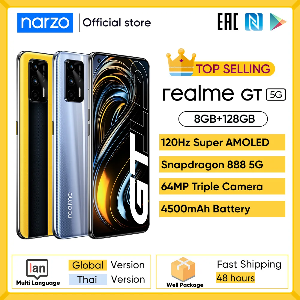 

Realme GT смартфон с 5,5-дюймовым дисплеем, процессором Snapdragon 888, ОЗУ 8 Гб, ПЗУ 120 ГБ, 6,43 Гц