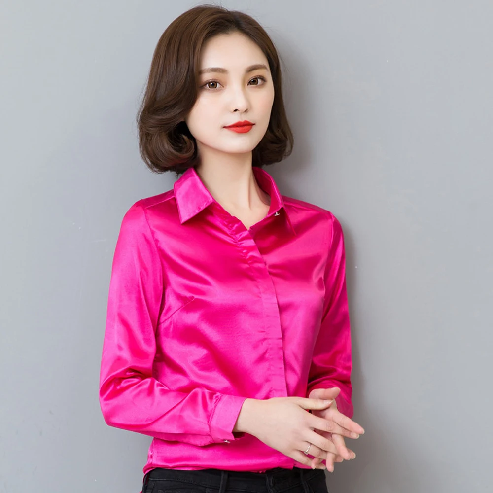 Женская атласная шелковая блузка элегантная рубашка с длинным рукавом для офиса