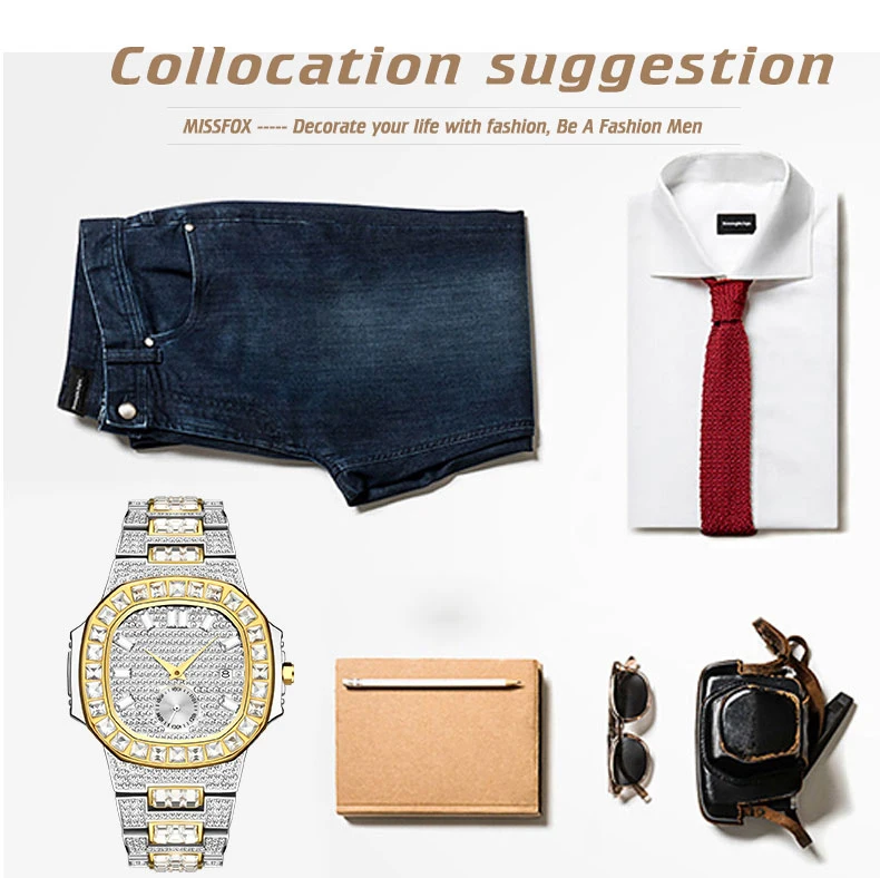 hot missfox watches men wrist luxury brand analog chronograph two tone gold diamond male wrist watch auto date quartz wristwatch free global shipping