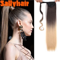 sallyhair 22inches long straight wrap velcro clip in ponytail hair extensions heat resistant synthetic pony tail fake hair