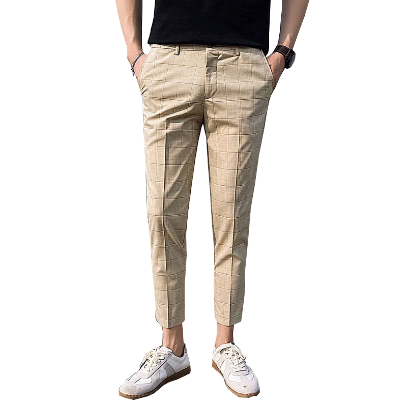 

Korean Men's Dress Pants Fashion Plaid Stripe Casual Slim Fit Office Pants Pantalon Classic Retro Plaid Suit Pant Wedding Pants