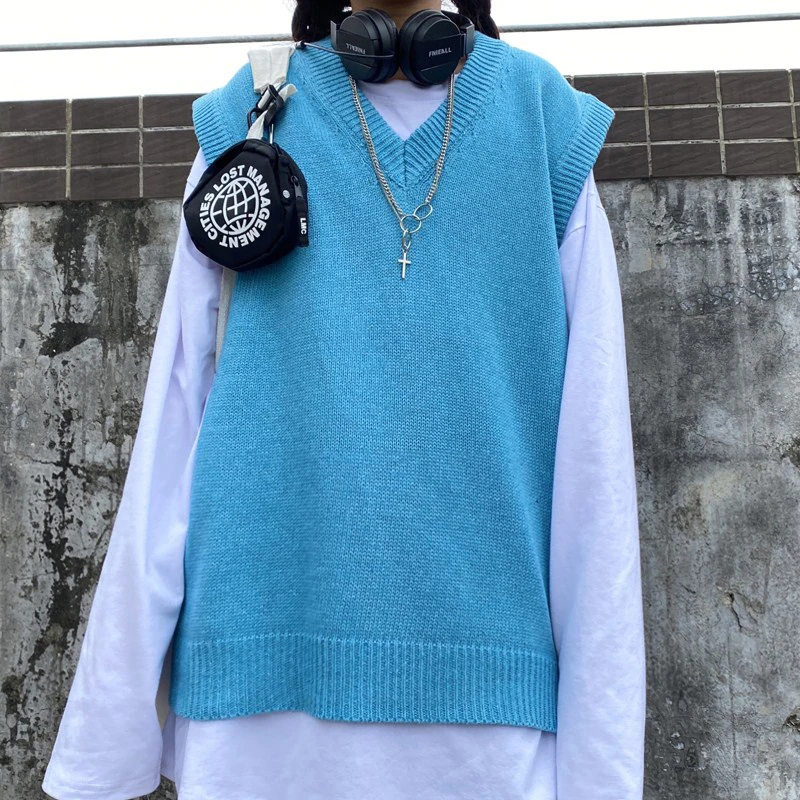 

Sweater Vest Women Vintage Knit Loose Harajuku Korean Fashion Simple Students New Streetwear Spring Chic BF All-match V-neck Ins