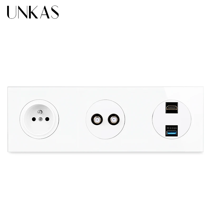 

Французская настенная розетка UNKAS + двойной спутниковый кабель, ТВ-разъем + HDMI-совместимый разъем 2,0 USB 3,0, стеклянная панель