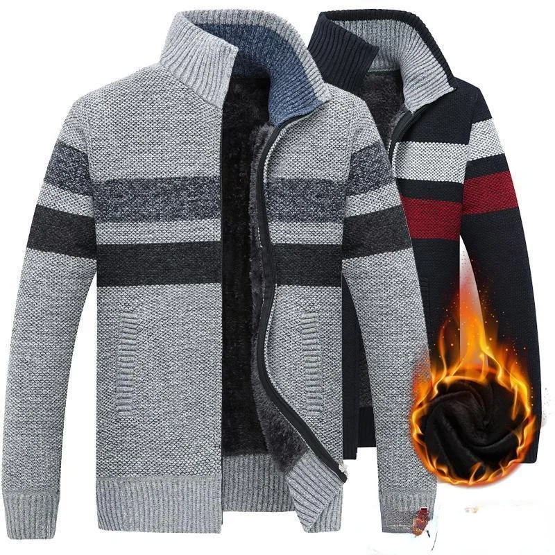 

Men's Striped Sweater Coat Thick Fleece Warm Stand Collar Zipper Wool Cardigan Jumpers Men Long Sleeve Knitted Sweater Y141