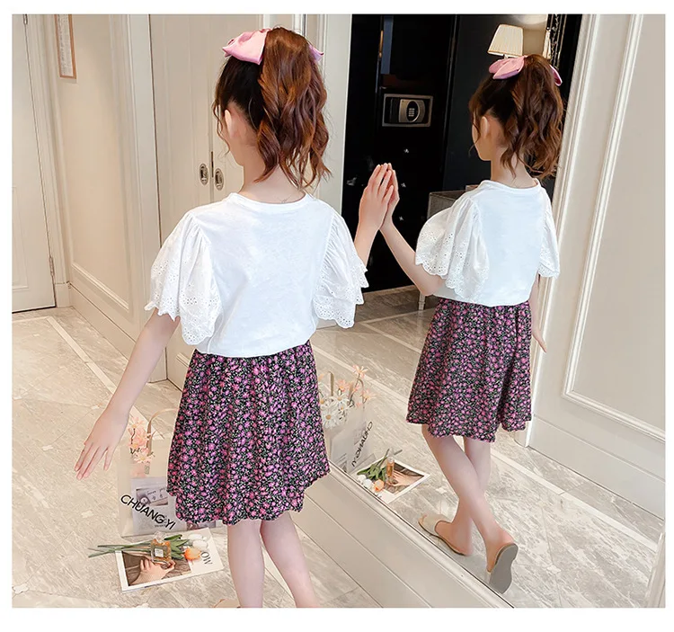 

Baby Girl Clothes Set Summer Print Skirt + Petal Sleeve T-shirt Two Piece Suit Fashion Children Clothing for Girls Outfits
