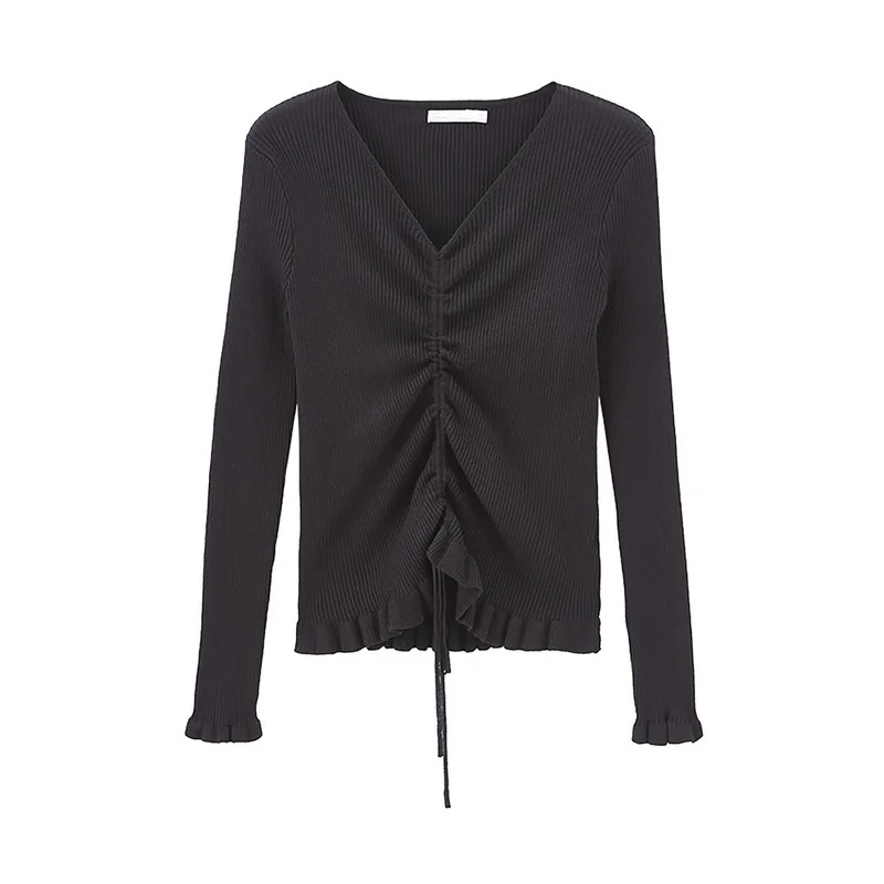 Black INMAN Winter Elegant Solid Color V Neck Drawstring Flower Swing Women Pullover Sweater - Цвет: Black