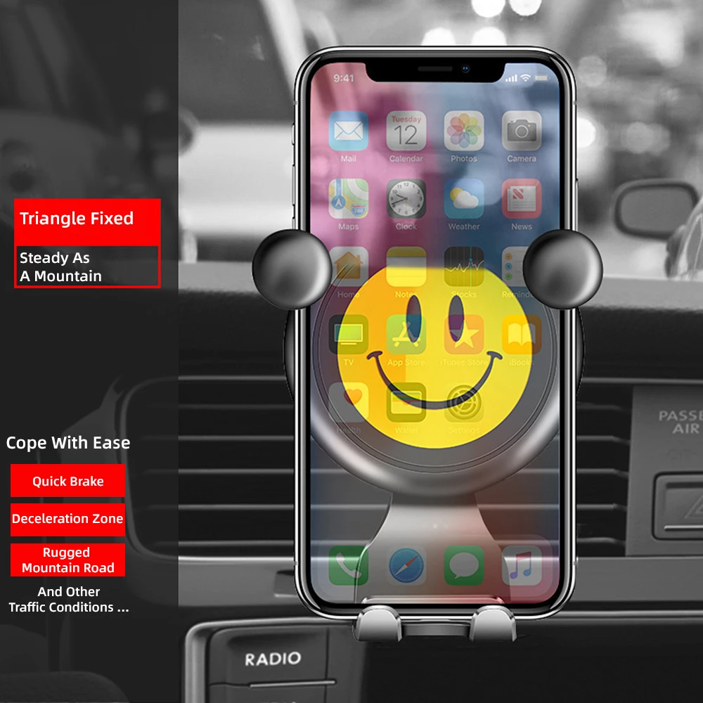 Автодержатель для телефона в машине с улыбкой узор, треугольным креплением на воздушный выход, свободным вращением, регулировкой, защитой, универсальной гравитацией.