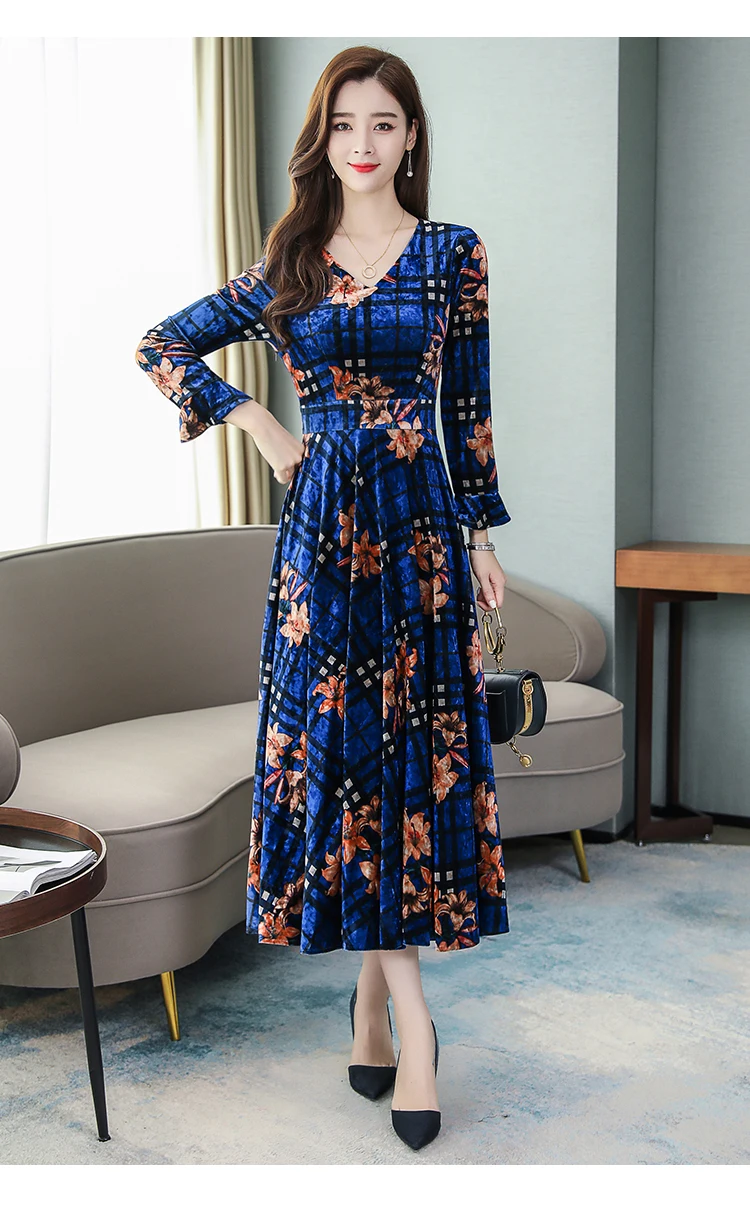 Vintage Floral Velvet Maxi Dresses Autumn Winter 3XL Plus Size Long Sleeve Midi Dress Elegant Women Bodycon Party Vestidos