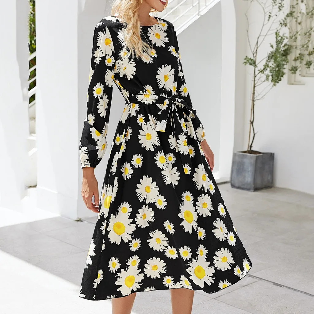 Элегантное женское платье с длинным рукавом и принтом маргаритки модное