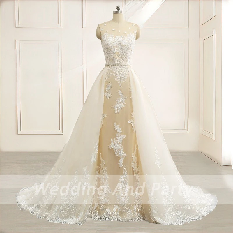 

Свадебное платье без рукавов с кружевной аппликацией, свадебное платье с юбкой-годе со съемным шлейфом, свадебные наряды