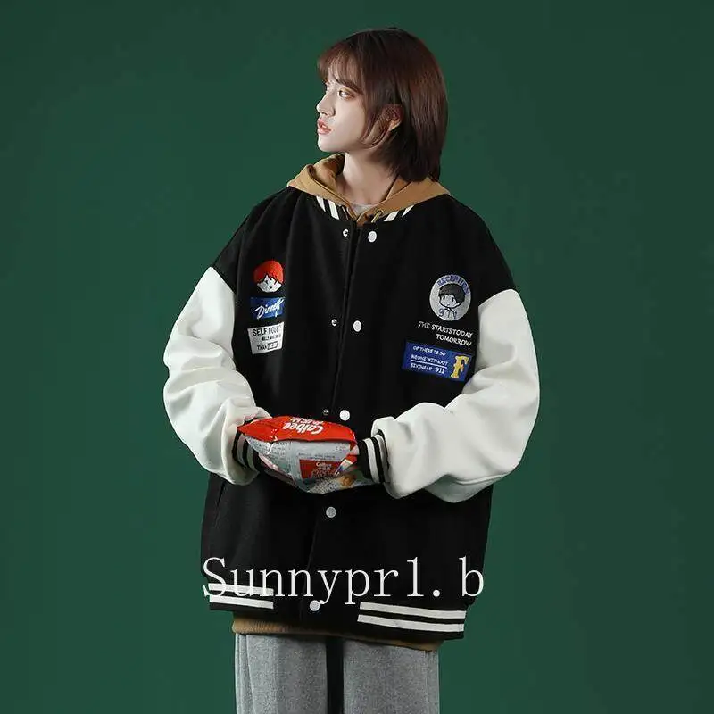 

Embroidered Color Matching Baseball Uniform Jacket Male Harajuku Style Loose Couple Jacket Jacket
