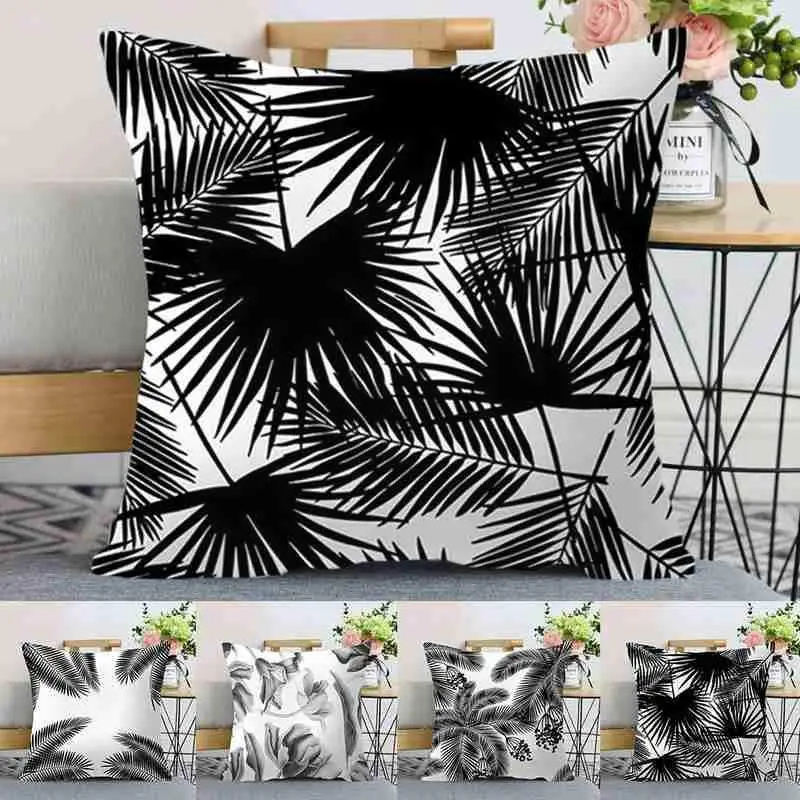 

Nordic Decoration Home Tropical Decoration Cushion White Pillowcase Decor For Home Leaves 45 Pillow Black Plant Cover Throw B5V6