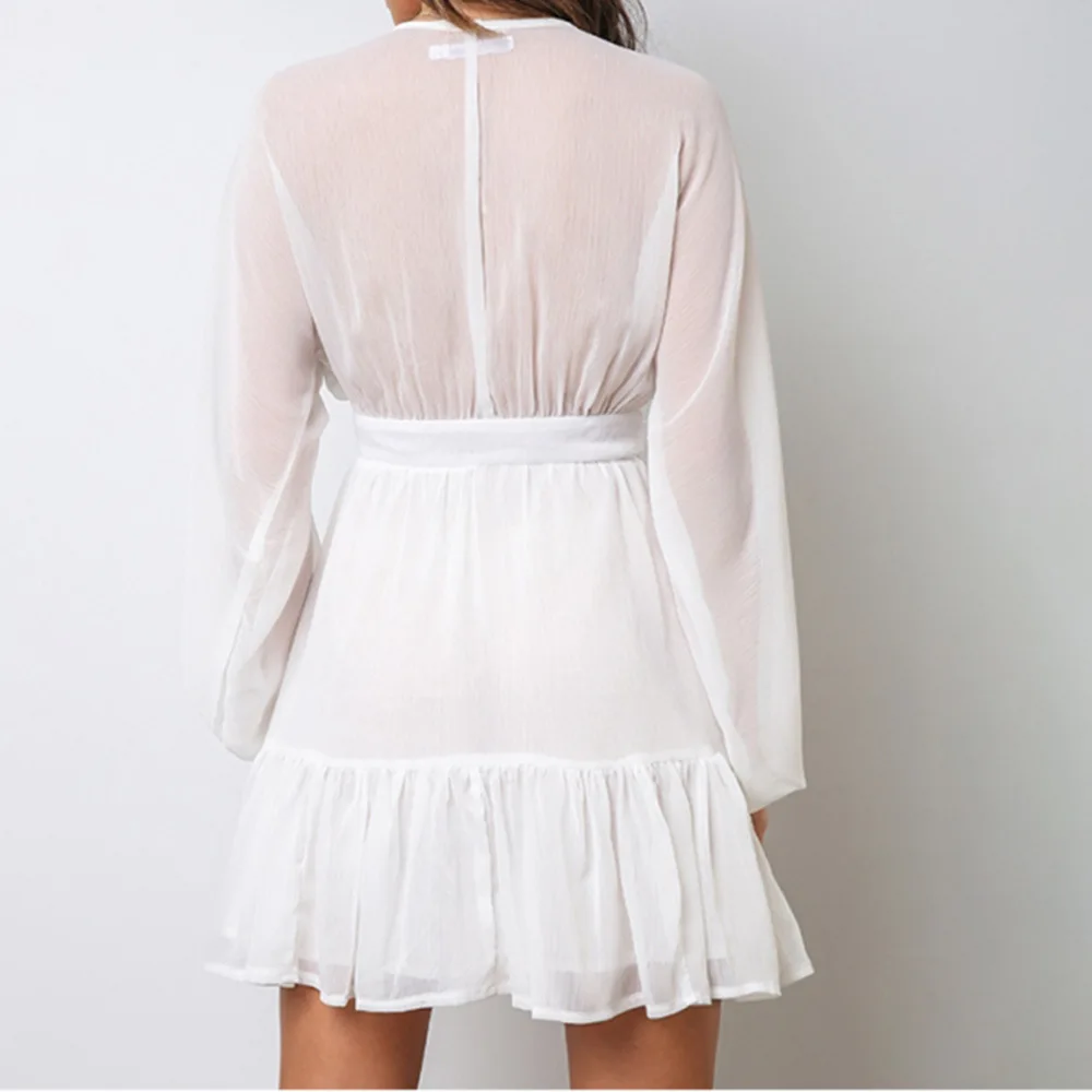

Summer Dress Sexy Plunge V Neck Women's Spring White Lace Long Sleeve Mini Party Dress Ruffle Elegant Clothing