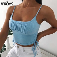 aproms solid color ribbed basic camis women sexy side drawstring ruched tank tops ladies streetwear blue stretch crop top 2021