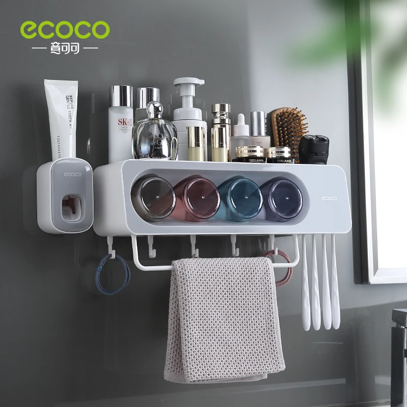 

ECOCO Toothbrush Holder Bathroom Wall Hanging Rack Non Perforated Cup Bathroom Family Storage Tool Toilet Box Squeezer Set