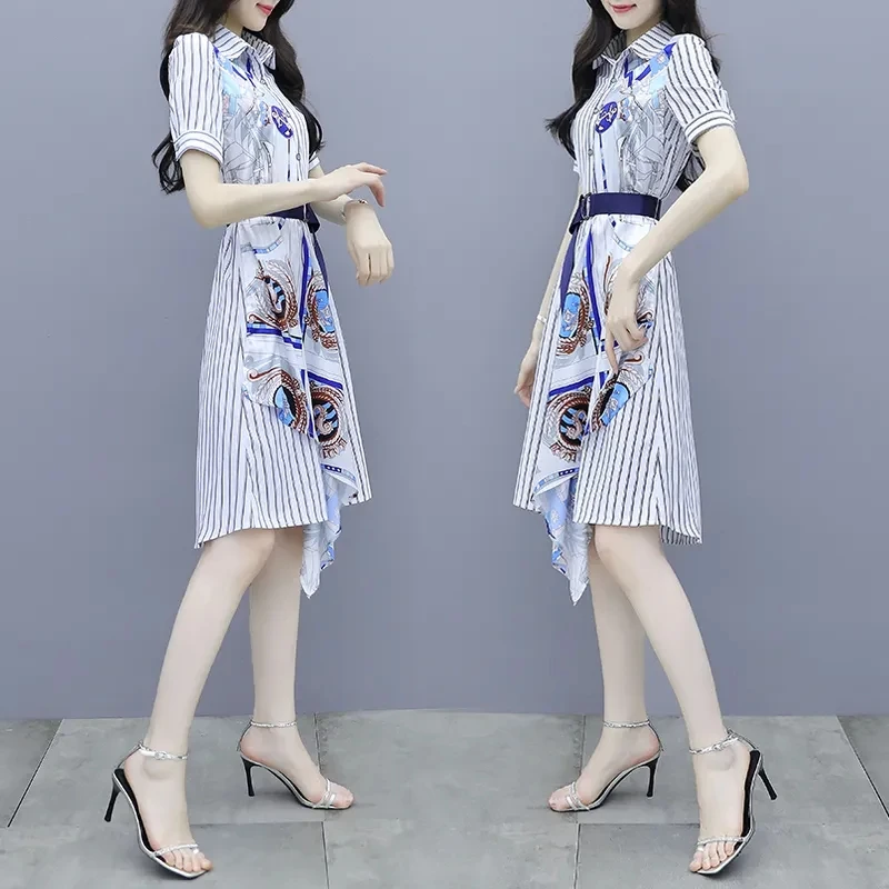 

2021 New Striped Chiffon Shirt Dress Women's Summer Dress With Belt And Thin Temperament A-Line Printed Dresses Irregular 365