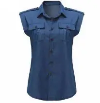 Женская Джинсовая блузка без рукавов синяя хлопковая с карманами летний