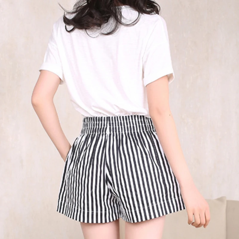 

Women's Shorts Summer Blended Stripes Casual Fashion Wide-leg Shorts Loose Elastic Waist Female Shorts