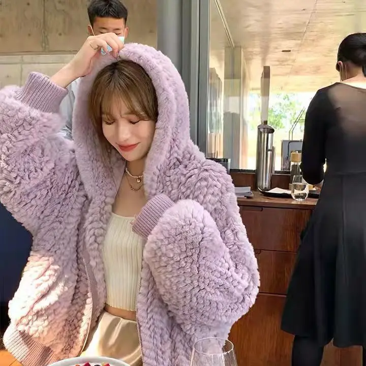 2022 Меховая куртка с капюшоном розовое вязаное Женское пальто меховым воротником
