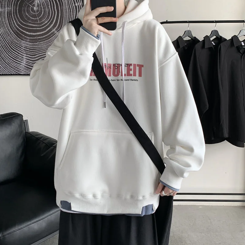 

Privathinker Letter Graphic Fashion Fake Two Pieces Mens Hoodies Harajuku Casual Oversized Hooded Sweatshirts Kpop Male Pullover