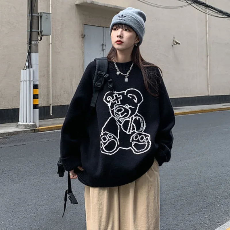 Большой Темный академический эстетический вязаный свитер с медведем утолщенные