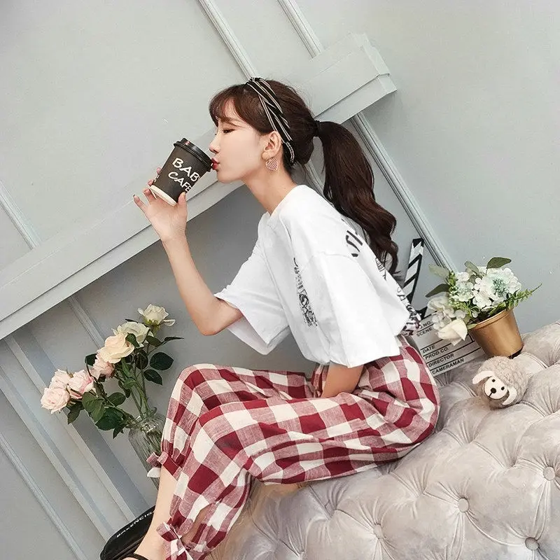 

Korean Women Straight Pants Drawstring Trousers Female Fashion Summer Office Pants Casual Japan High Street Plaid Pants Girl