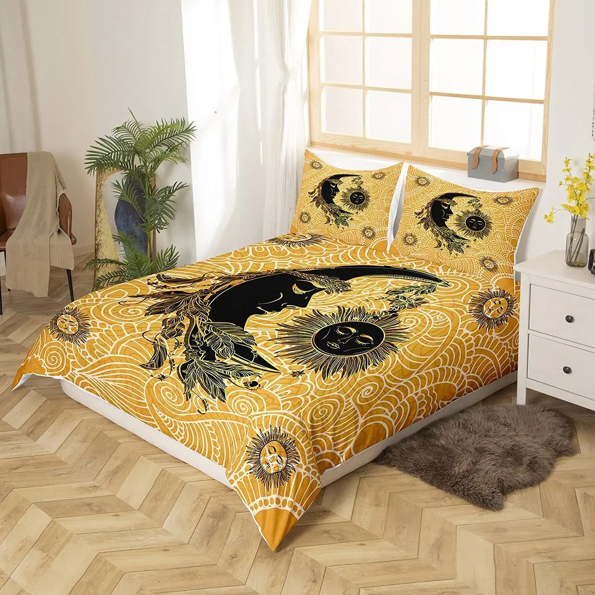 Комплект постельного белья с золотым солнцем и луной в стиле бохо | Дом сад