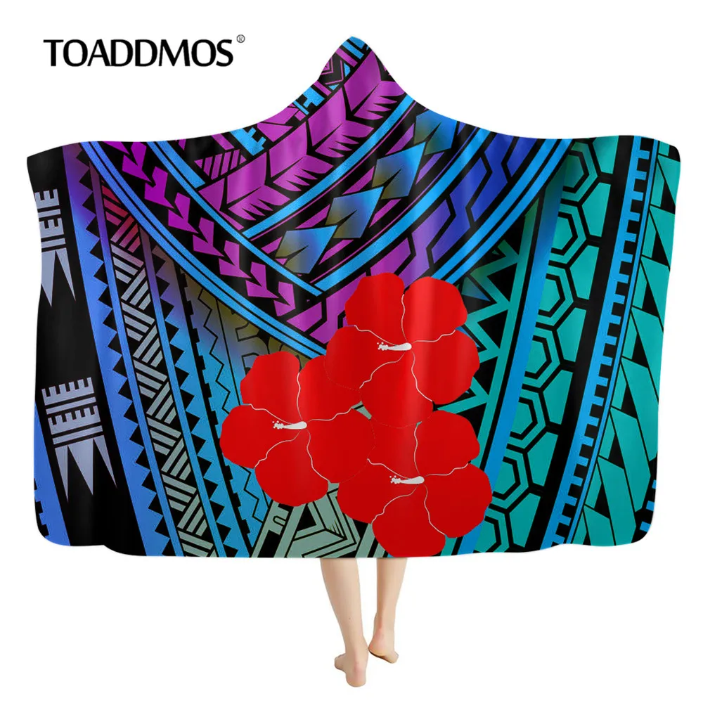 

TOADDMOS Polynesian Tribal Hibiscus Gradient Style Sherpa Fleece Wearable Hooded Blanket for Adult Kids Soft Warm Autumn Quilts