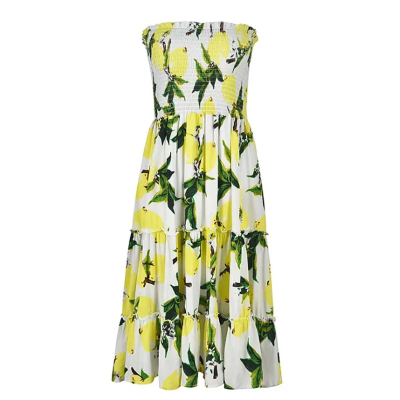 

NEW Street Style Sexy Strapless Dress Women Boho Backless Beach Summer Dresses Yellow Floral print Ruffles Short Dress Vestidos