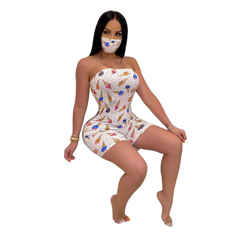 

Floral Printed Sexy Bodycon Summer Jumpsuit Women Sleeveless Strapless Bandage Party Romper Ladies Club Skinny Bodysuit w/ Mask