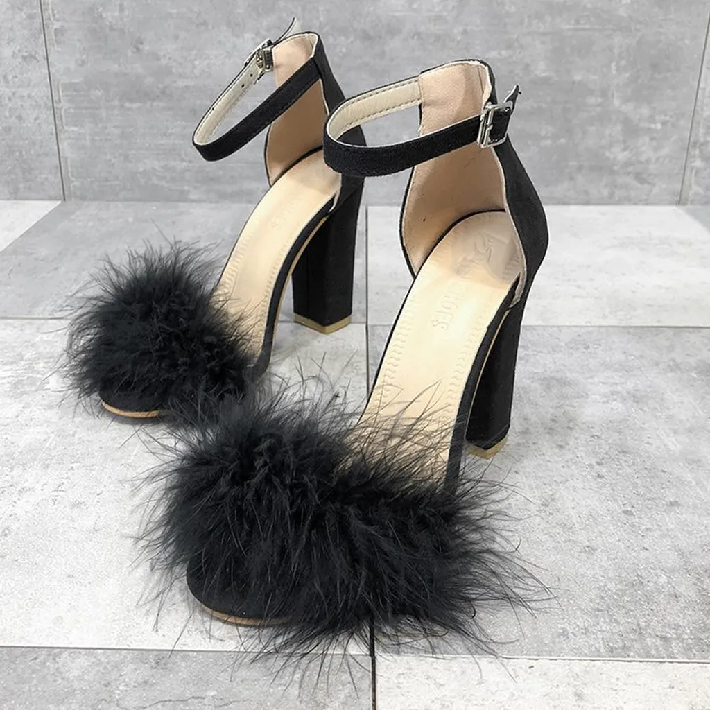 

Summer Ladies Shoes Women Sandals Feather Block Heels Ladies Classic Sandals Female Wedding Party High Heels Zapatos De Mujer