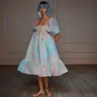 Радужное французское платье с буфами, милое вечернее платье миди из органзы с квадратным вырезом, коротким рукавом и пышными оборками для женщин