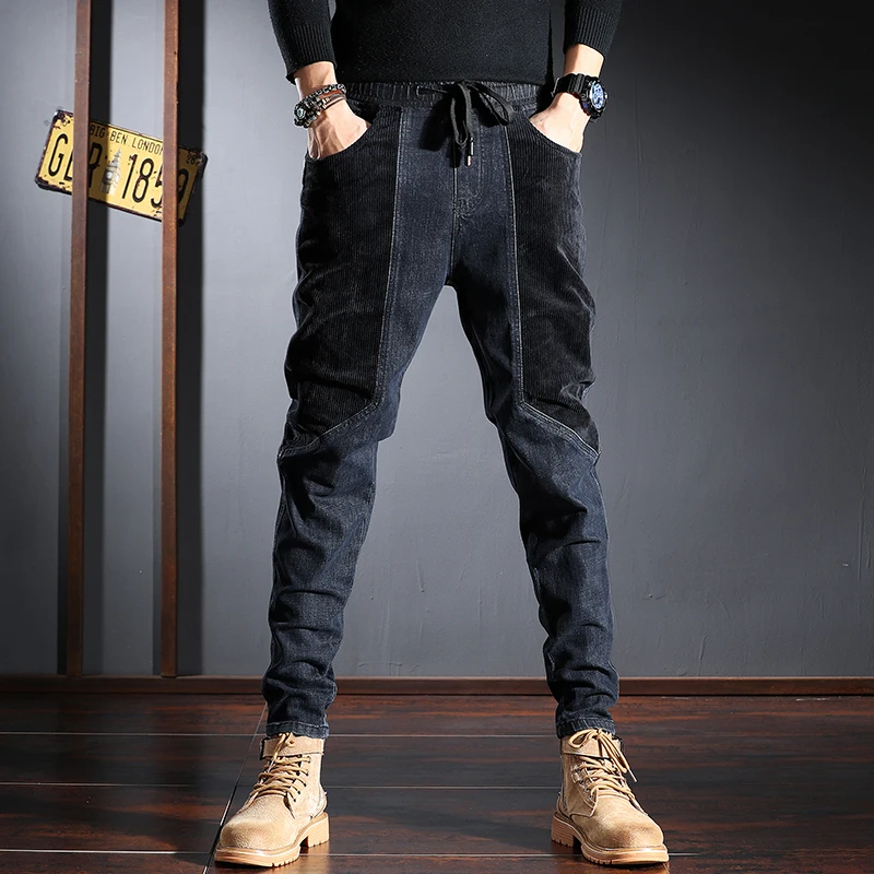 Autumn New Men's Corduroy Jeans Fashion Patchwork Denim Pants Korean Style Elastic Waist Regular Fit Trousers