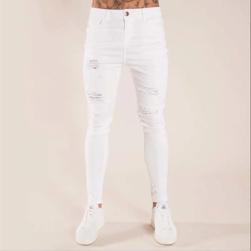 

Новинка 2021, мужские облегающие белые джинсы, модные рваные обтягивающие джинсовые брюки с дырками, Мужская Уличная одежда, высококачествен...