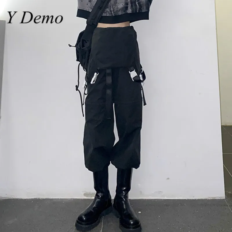 Y Demo Harajuku женские брюки карго с высокой талией пояса пряжками открытые длинные на