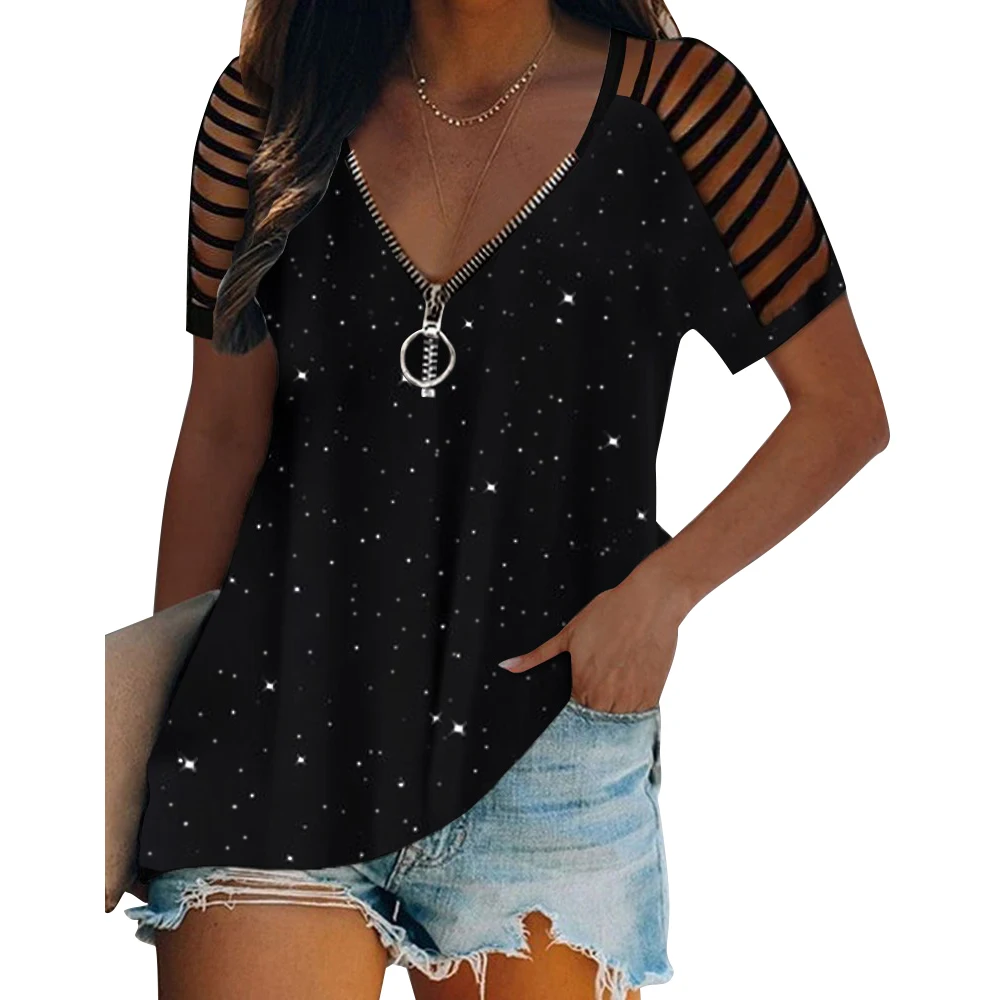 

Women Summer Off Shoulder Blouse Shirt Printed Zipper Casual Tops Pattern Hollow Out Short Sleeve Vintage Shirt Fashion 2021 D30