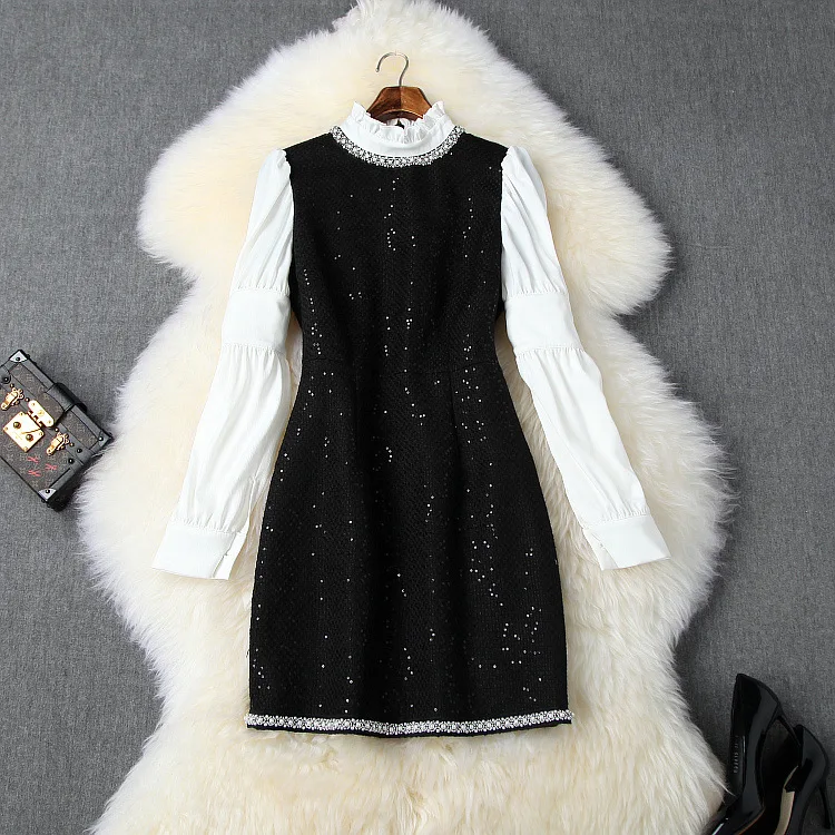 

European and American women's clothing 2019 winter new style Long sleeve collar stud Fashion dress with sequined tweed