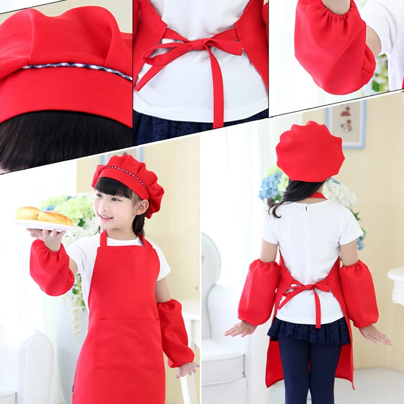 Kids Full Apron Bib Set with Pocket and Hat Sleeves Craft Kitchen Chef Cooking Art Children Diy Apparel Red | Дом и сад