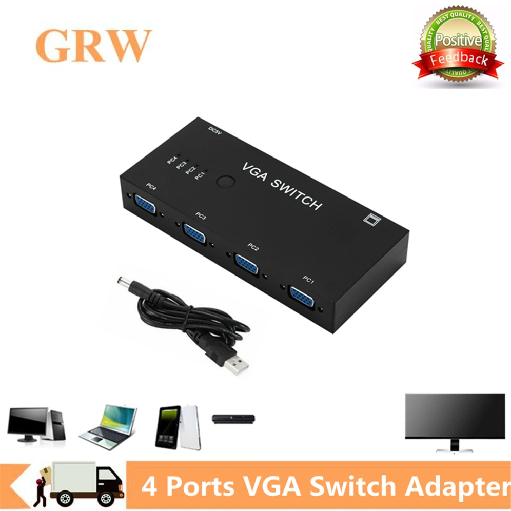 

GRWIBEOU 4 In 1 Out VGA Switcher 4 Port VGA Switch Box VGA for Consoles Set-top Boxes 4 Hosts Share 1 Display Notebook Projector